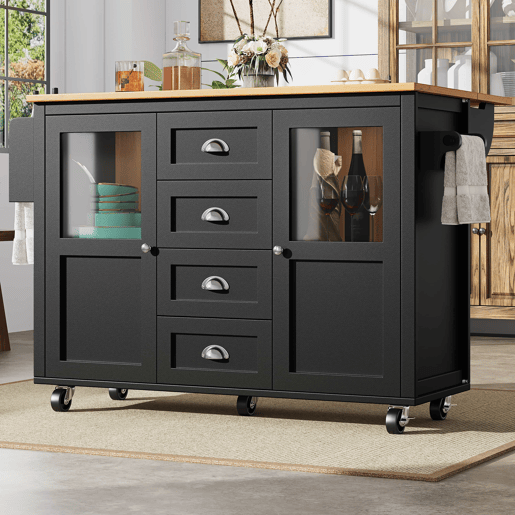 Ilha de cozinha 120x73x93cm - carrinho extraível com rodas, 2 portas, 4 gavetas, prateleiras ajustáveis, toalheiro, porta-temperos - preto