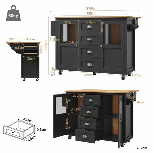 Ilha de cozinha 120x73x93cm - carrinho extraível com rodas, 2 portas, 4 gavetas, prateleiras ajustáveis, toalheiro, porta-temperos - preto