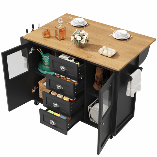Ilha de cozinha 120x73x93cm - carrinho extraível com rodas, 2 portas, 4 gavetas, prateleiras ajustáveis, toalheiro, porta-temperos - preto