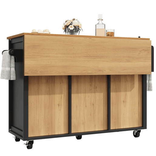 Ilha de cozinha 120x73x93cm - carrinho extraível com rodas, 2 portas, 4 gavetas, prateleiras ajustáveis, toalheiro, porta-temperos - preto
