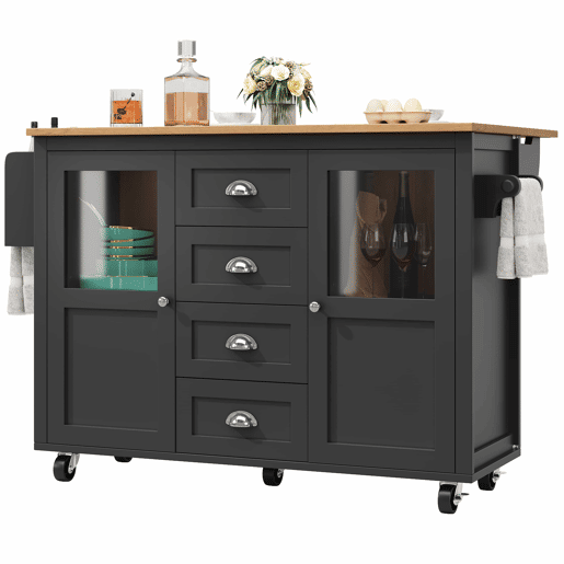 Ilha de cozinha 120x73x93cm - carrinho extraível com rodas, 2 portas, 4 gavetas, prateleiras ajustáveis, toalheiro, porta-temperos - preto
