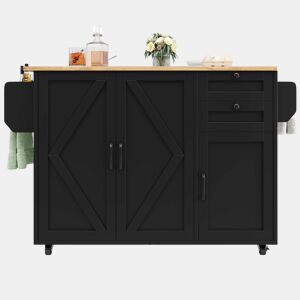 Ilha de cozinha moderna - Multifuncional com armazenamento e prateleiras para snacks - Preto