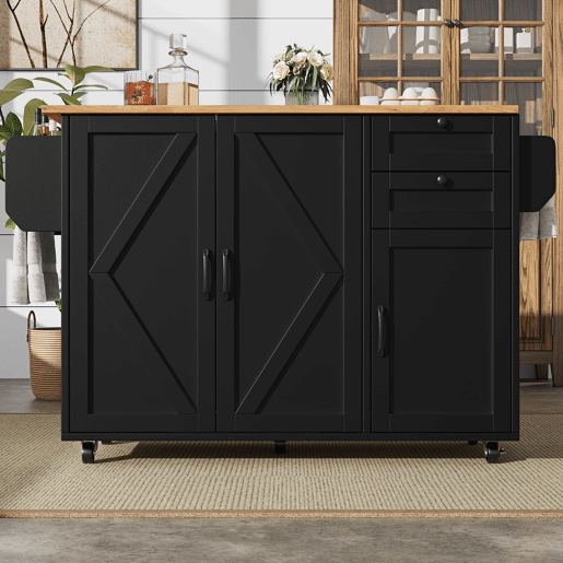 Ilha de cozinha moderna - Multifuncional com armazenamento e prateleiras para snacks - Preto