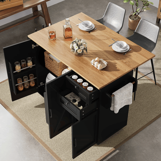 Ilha de cozinha moderna - Multifuncional com armazenamento e prateleiras para snacks - Preto