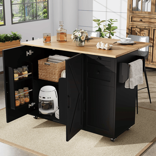 Ilha de cozinha moderna - Multifuncional com armazenamento e prateleiras para snacks - Preto