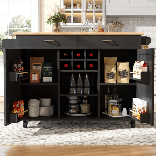 Ilha de cozinha moderna 102x45x92 cm - Móvel de cozinha, carrinho de buffet, mesa de jantar multifuncional com arrumação - Preto