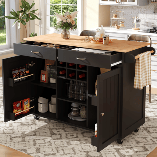 Ilha de cozinha moderna 102x45x92 cm - Móvel de cozinha, carrinho de buffet, mesa de jantar multifuncional com arrumação - Preto