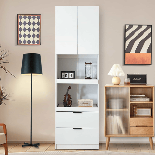 Armário de cozinha 200 cm - Armazenamento, portas, gavetas, prateleiras para micro-ondas, armário alto com proteção anti-capotamento, aparador multifuncional para sala de jantar e sala de estar - Branco