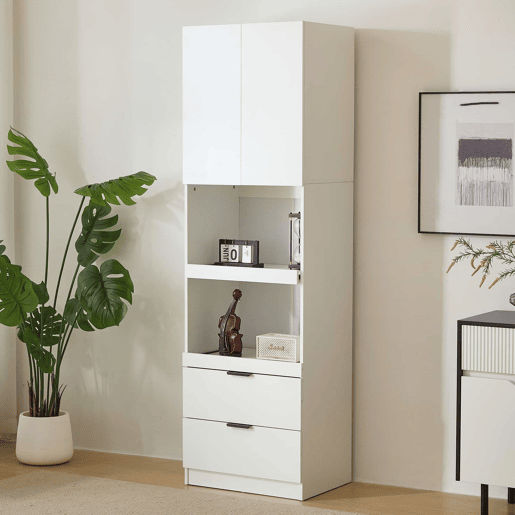 Armário de cozinha 200 cm - Armazenamento, portas, gavetas, prateleiras para micro-ondas, armário alto com proteção anti-capotamento, aparador multifuncional para sala de jantar e sala de estar - Branco