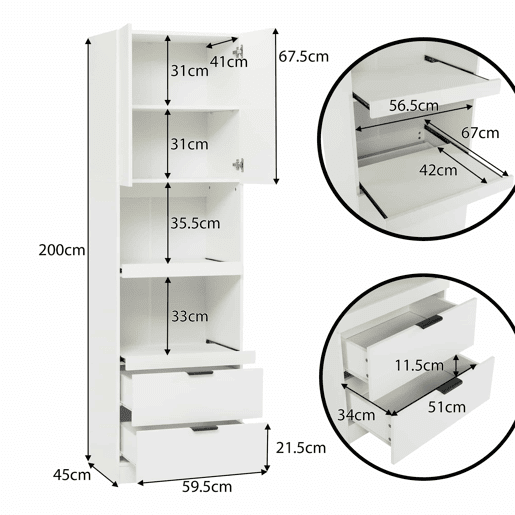 Armário de cozinha 200 cm - Armazenamento, portas, gavetas, prateleiras para micro-ondas, armário alto com proteção anti-capotamento, aparador multifuncional para sala de jantar e sala de estar - Branco