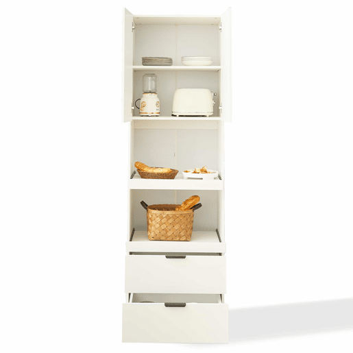 Armário de cozinha 200 cm - Armazenamento, portas, gavetas, prateleiras para micro-ondas, armário alto com proteção anti-capotamento, aparador multifuncional para sala de jantar e sala de estar - Branco