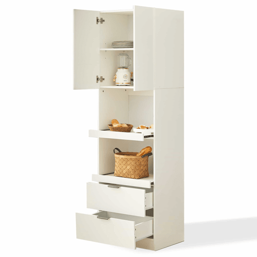 Armário de cozinha 200 cm - Armazenamento, portas, gavetas, prateleiras para micro-ondas, armário alto com proteção anti-capotamento, aparador multifuncional para sala de jantar e sala de estar - Branco
