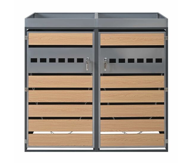 Caja para cubos de basura - con compartimentos de almacenamiento - cerradura, dos puertas, superficie para plantas, con ventilación - gris, madera