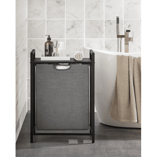 PRATELEIRA DE CASA DE BANHO com cesto de roupa suja, cinzentopreto