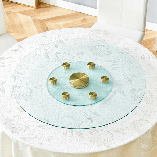 Mesa com tampo giratório de vidro - 77 cm de diâmetro superior, 38 cm de diâmetro inferior - Design dourado e transparente