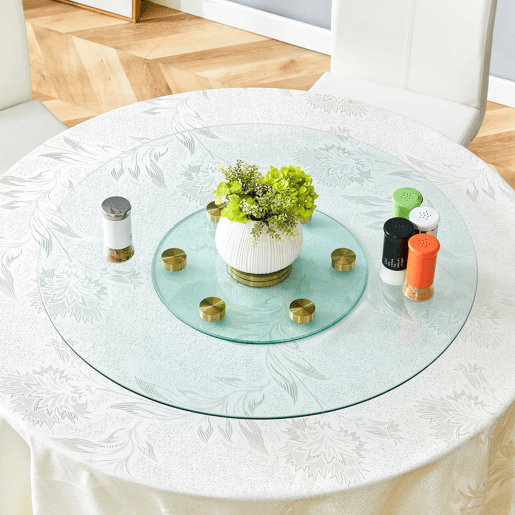Mesa com tampo giratório de vidro - 77 cm de diâmetro superior, 38 cm de diâmetro inferior - Design dourado e transparente