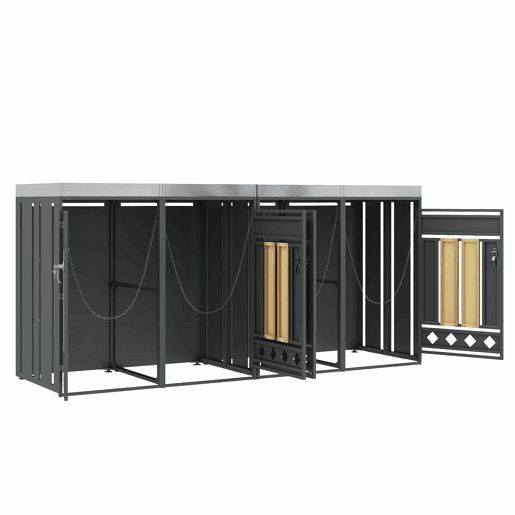 Caixa para lixo com compartimentos de armazenamento - Com orifícios de ventilação em forma de losango, 4 portas, área para plantas, painéis das portas com veios de madeira verticais - Cinza, Madeira