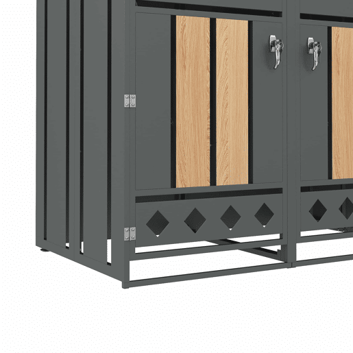 Caixa para lixo com compartimentos de armazenamento - Com orifícios de ventilação em forma de losango, 4 portas, área para plantas, painéis das portas com veios de madeira verticais - Cinza, Madeira