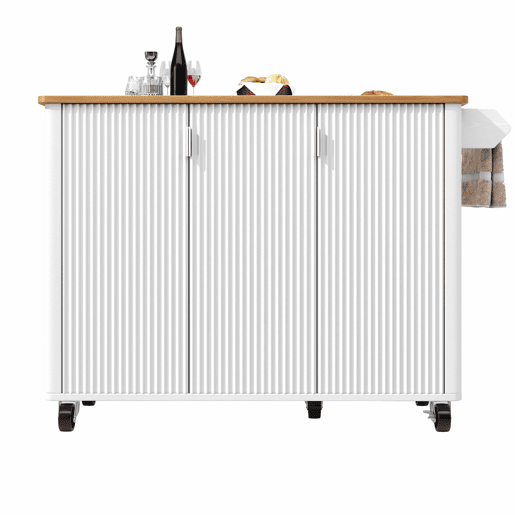 Ilha de cozinha 130x45(75)x92cm - Carrinho de cozinha em madeira, prateleira para especiarias, 3 portas, branco Ilha de cozinha 130x45(75)x92cm - Carrinho de cozinha em madeira, prateleira para especiarias, 3 portas, branco