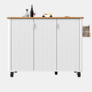 Ilha de cozinha 130x45(75)x92cm - Carrinho de cozinha em madeira, prateleira para especiarias, 3 portas, branco
