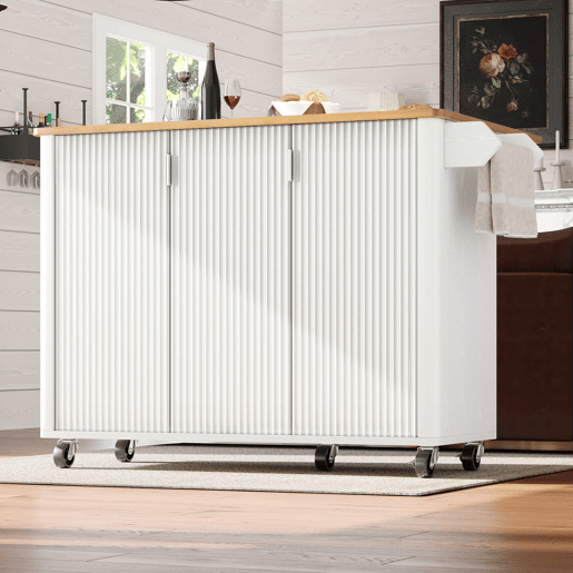 Ilha de cozinha 130x45(75)x92cm - Carrinho de cozinha em madeira, prateleira para especiarias, 3 portas, branco Ilha de cozinha 130x45(75)x92cm - Carrinho de cozinha em madeira, prateleira para especiarias, 3 portas, branco