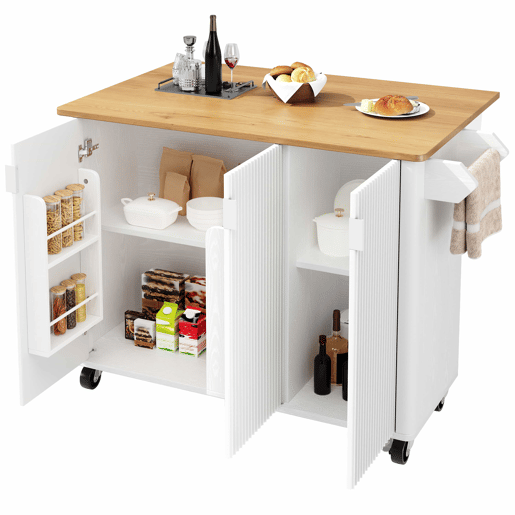 Ilha de cozinha 130x45(75)x92cm - Carrinho de cozinha em madeira, prateleira para especiarias, 3 portas, branco Ilha de cozinha 130x45(75)x92cm - Carrinho de cozinha em madeira, prateleira para especiarias, 3 portas, branco