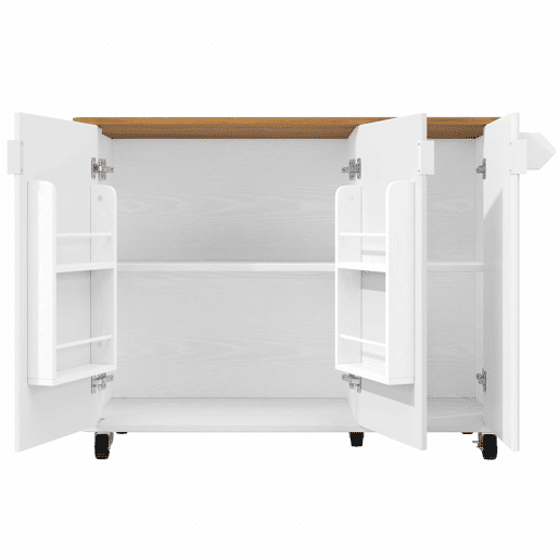 Ilha de cozinha 130x45(75)x92cm - Carrinho de cozinha em madeira, prateleira para especiarias, 3 portas, branco Ilha de cozinha 130x45(75)x92cm - Carrinho de cozinha em madeira, prateleira para especiarias, 3 portas, branco
