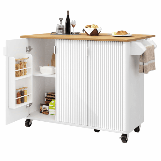 Ilha de cozinha 130x45(75)x92cm - Carrinho de cozinha em madeira, prateleira para especiarias, 3 portas, branco Ilha de cozinha 130x45(75)x92cm - Carrinho de cozinha em madeira, prateleira para especiarias, 3 portas, branco