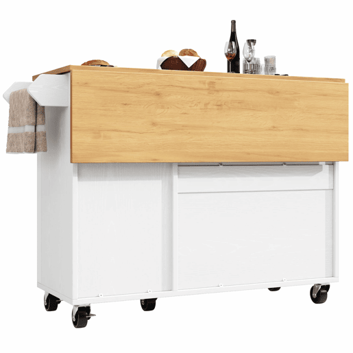 Ilha de cozinha 130x45(75)x92cm - Carrinho de cozinha em madeira, prateleira para especiarias, 3 portas, branco Ilha de cozinha 130x45(75)x92cm - Carrinho de cozinha em madeira, prateleira para especiarias, 3 portas, branco