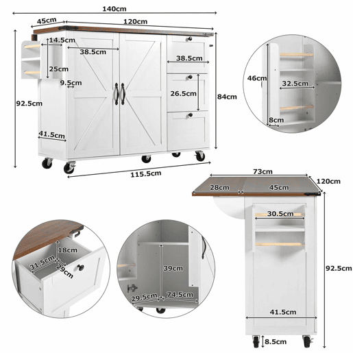 Ilha de cozinha - Carrinho de serviço com superfície extensível - Bege