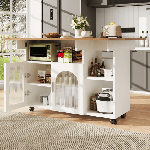 Ilha de cozinha moderna - Multifuncional com espaço de armazenamento - Branco+Natural+Prata