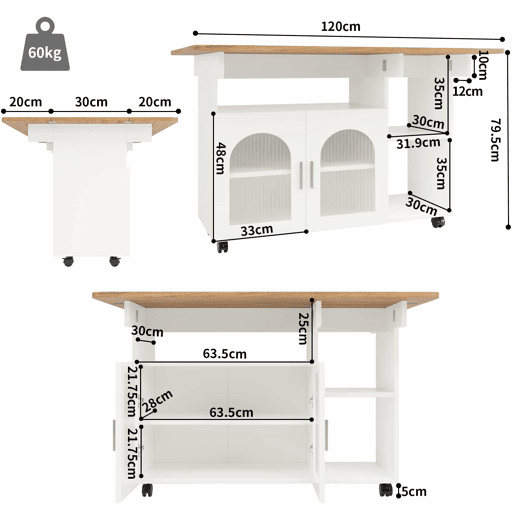 Ilha de cozinha moderna - Multifuncional com espaço de armazenamento - Branco+Natural+Prata