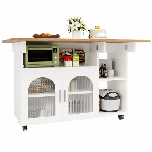 Ilha de cozinha moderna - Multifuncional com espaço de armazenamento - Branco+Natural+Prata