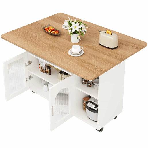 Ilha de cozinha moderna - Multifuncional com espaço de armazenamento - Branco+Natural+Prata