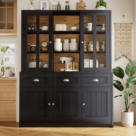 Armário alto 140x38,5x175 cm - Vitrinenschrank, móvel de cozinha, armário de sala de jantar com gavetas, moderno e minimalista, para cozinha, sala de jantar, sala de estar - Preto