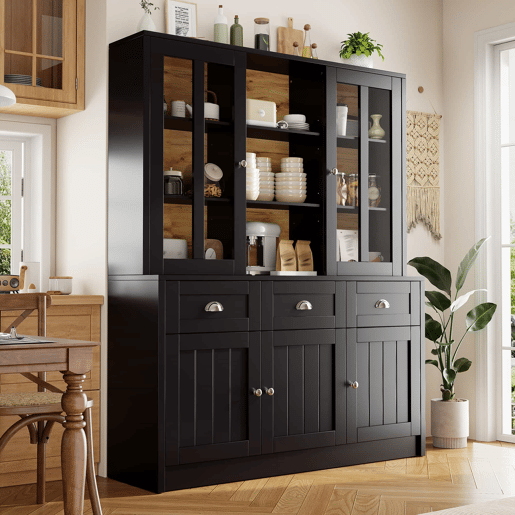 Armário alto 140x38,5x175 cm - Vitrinenschrank, móvel de cozinha, armário de sala de jantar com gavetas, moderno e minimalista, para cozinha, sala de jantar, sala de estar - Preto
