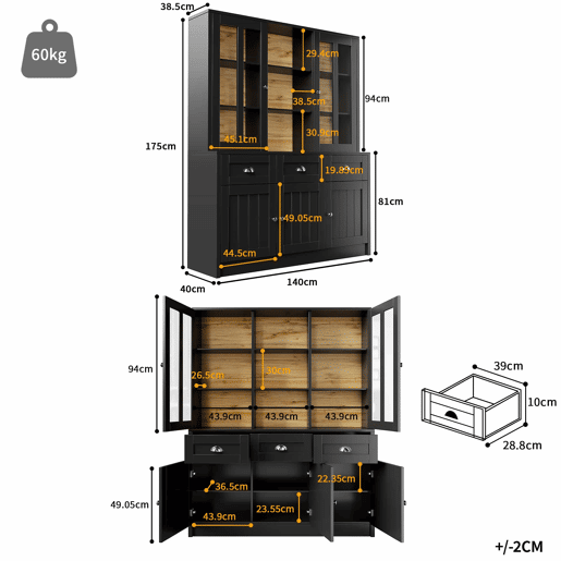 Armário alto 140x38,5x175 cm - Vitrinenschrank, móvel de cozinha, armário de sala de jantar com gavetas, moderno e minimalista, para cozinha, sala de jantar, sala de estar - Preto