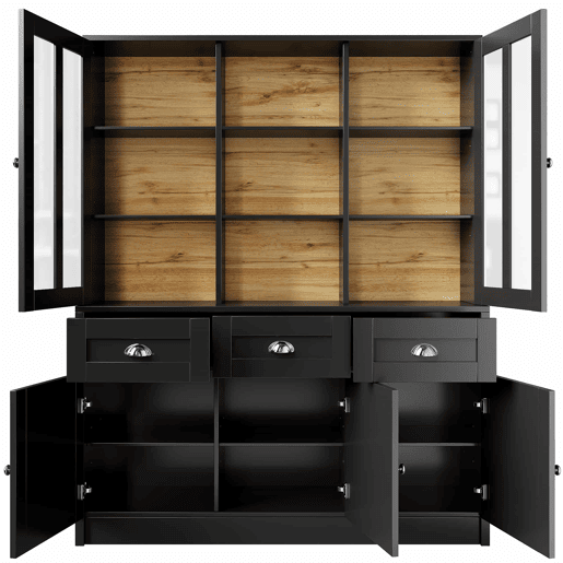 Armário alto 140x38,5x175 cm - Vitrinenschrank, móvel de cozinha, armário de sala de jantar com gavetas, moderno e minimalista, para cozinha, sala de jantar, sala de estar - Preto