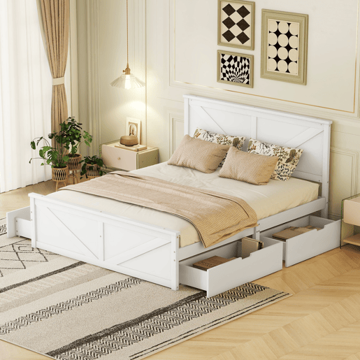 Cama de casal 160x200 cm - estrutura simples em madeira, 4 gavetas - branco