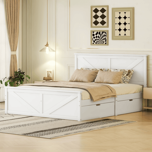 Cama de casal 160x200 cm - estrutura simples em madeira, 4 gavetas - branco