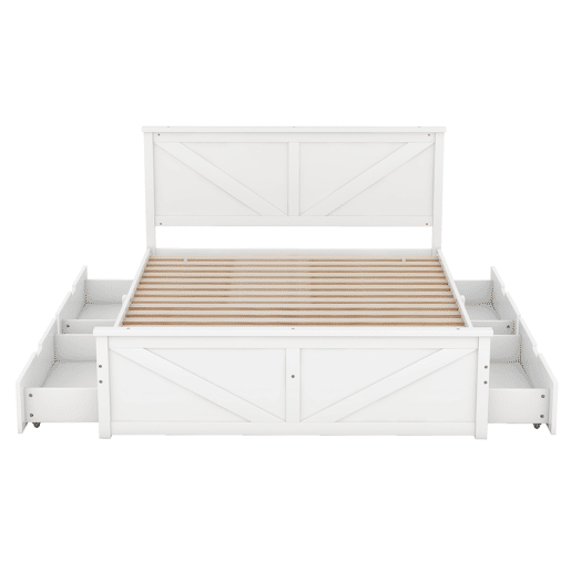 Cama de casal 160x200 cm - estrutura simples em madeira, 4 gavetas - branco