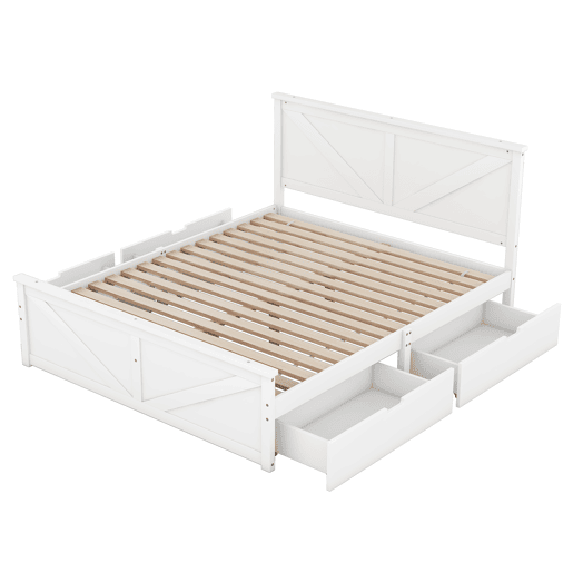 Cama de casal 160x200 cm - estrutura simples em madeira, 4 gavetas - branco