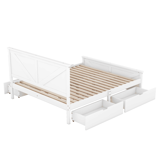 Cama de casal 160x200 cm - estrutura simples em madeira, 4 gavetas - branco