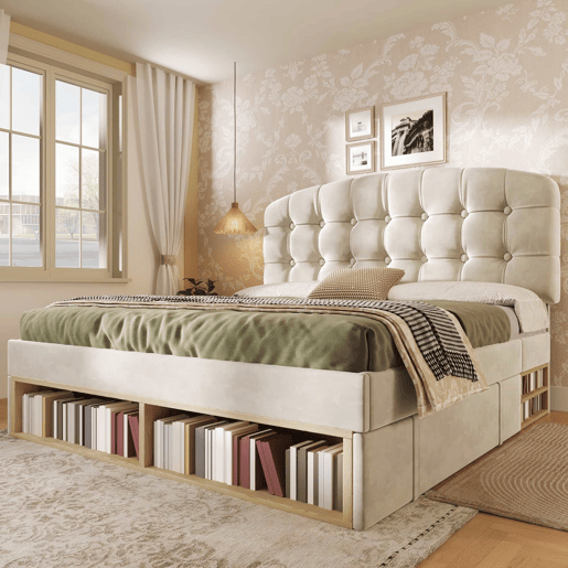 Cama de casal 140x190 - estofada em veludo, cabeceira ajustável, com gavetas e espaço de arrumação - bege