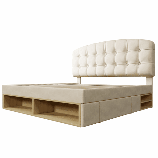 Cama de casal 140x190 - estofada em veludo, cabeceira ajustável, com gavetas e espaço de arrumação - bege