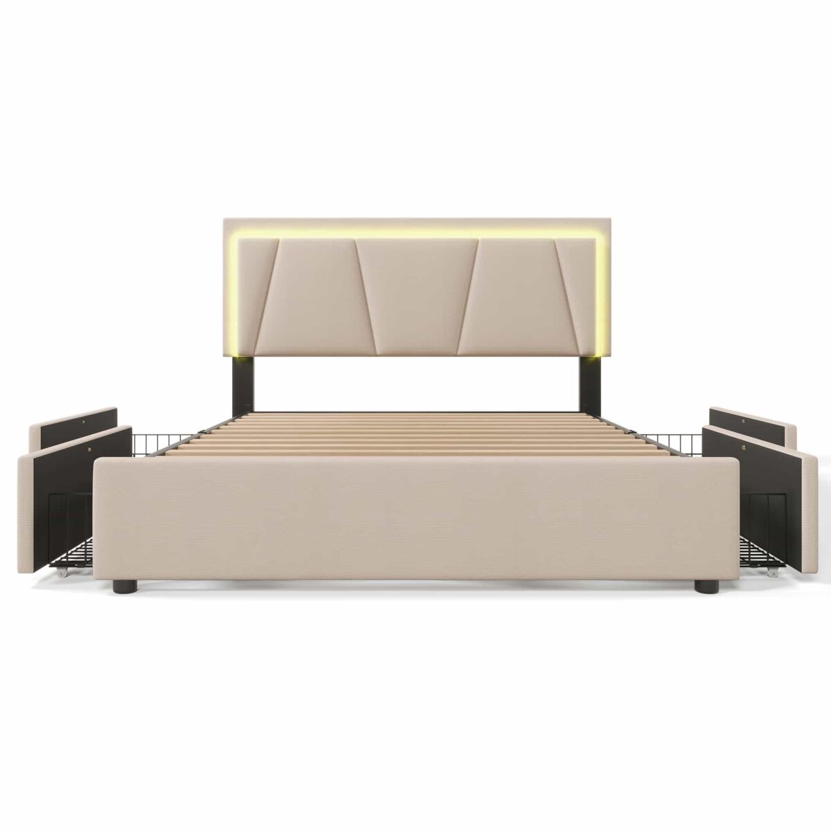Cama tapizada 160x200 cm - led, 4 cajones, cabecero ajustable, colchón incluido - beige