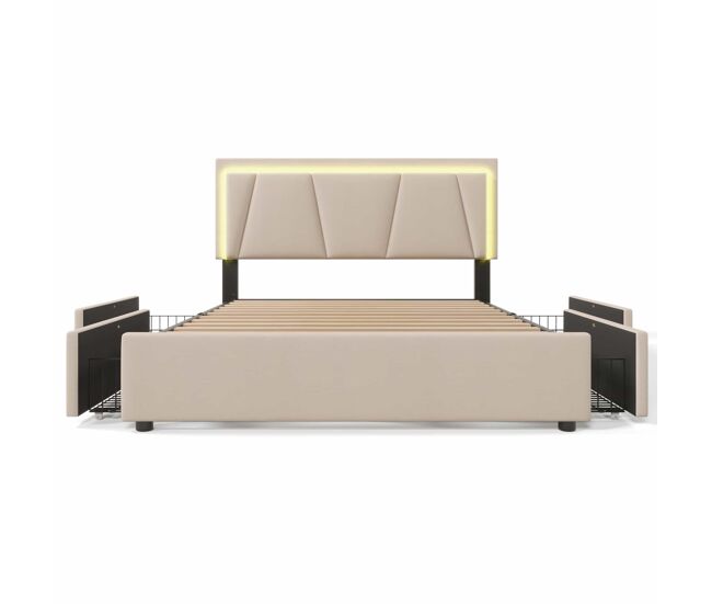 Cama tapizada 160x200 cm - led, 4 cajones, cabecero ajustable, colchón incluido - beige