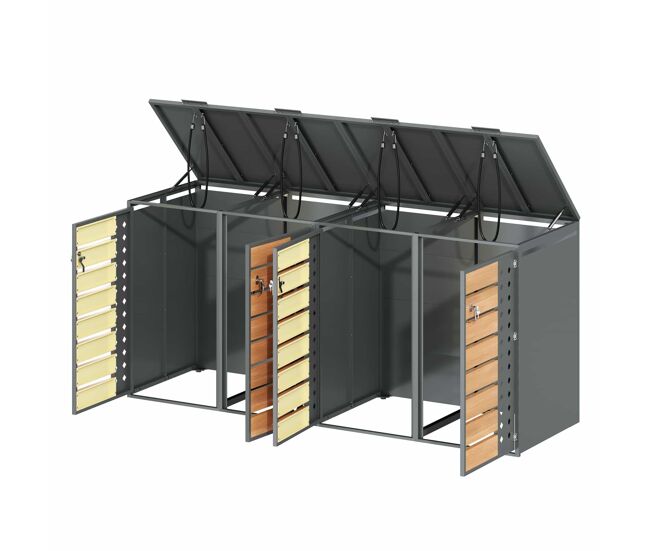 Caja para basuras 132x80x118 cm - con tapa abatible, compartimentos de almacenamiento, cerradura, cuatro puertas, panel de puerta con diseño de