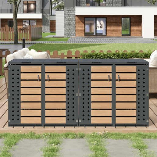 Caixa para lixo 132x80x118 cm - Com tampa rebatível, compartimentos de armazenamento, fechadura, quatro portas, painel da porta com design em diamante - Cinza, Madeira