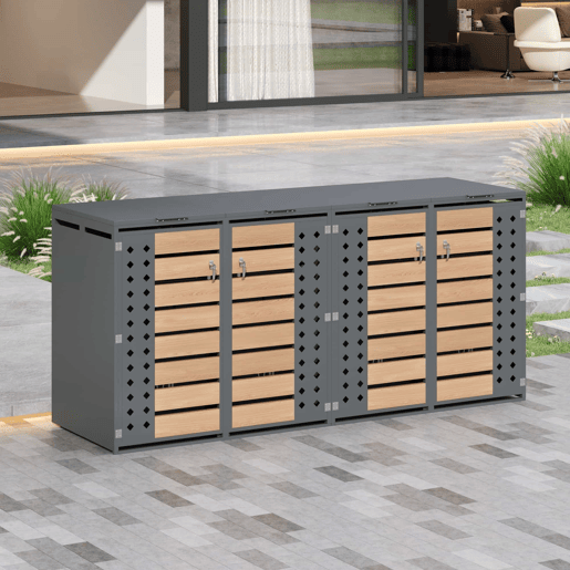 Caixa para lixo 132x80x118 cm - Com tampa rebatível, compartimentos de armazenamento, fechadura, quatro portas, painel da porta com design em diamante - Cinza, Madeira